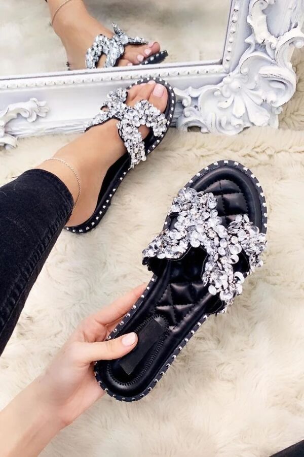 Black embellished flat sliders