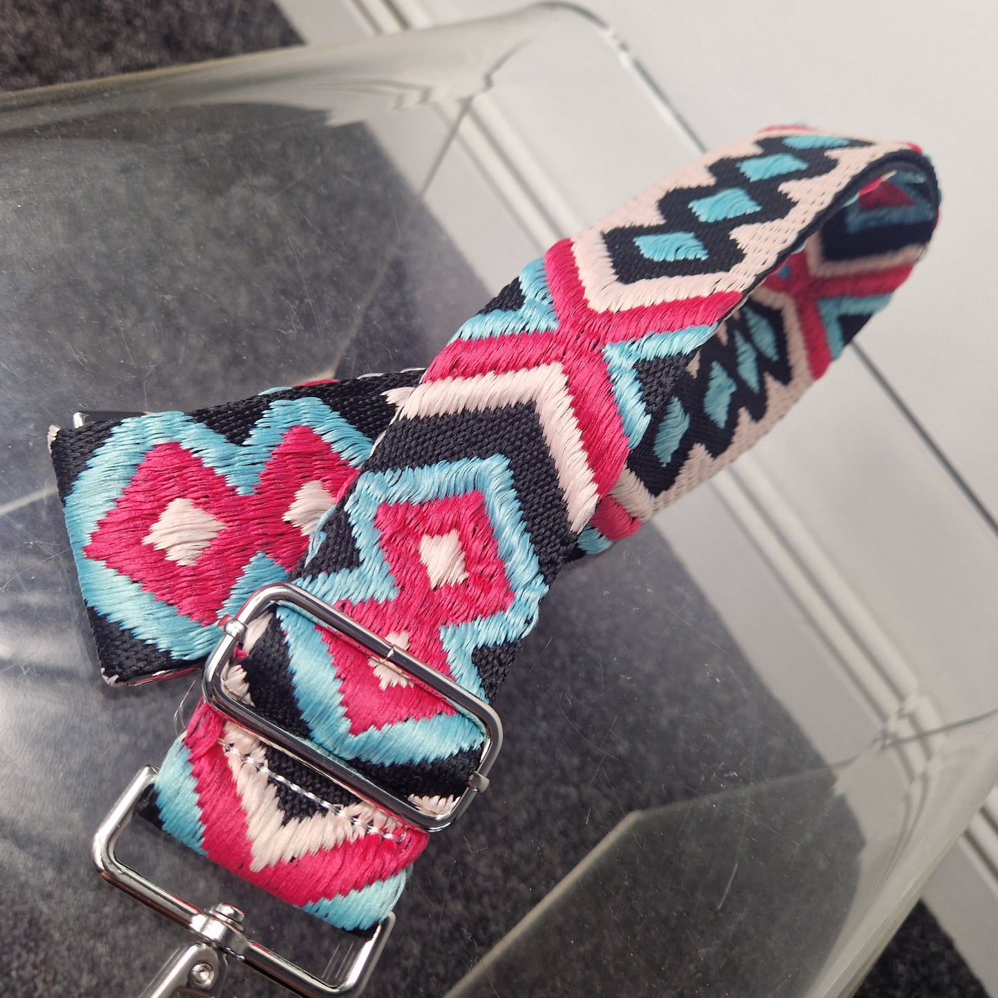 Aztec woven bag strap - hot pink/blue