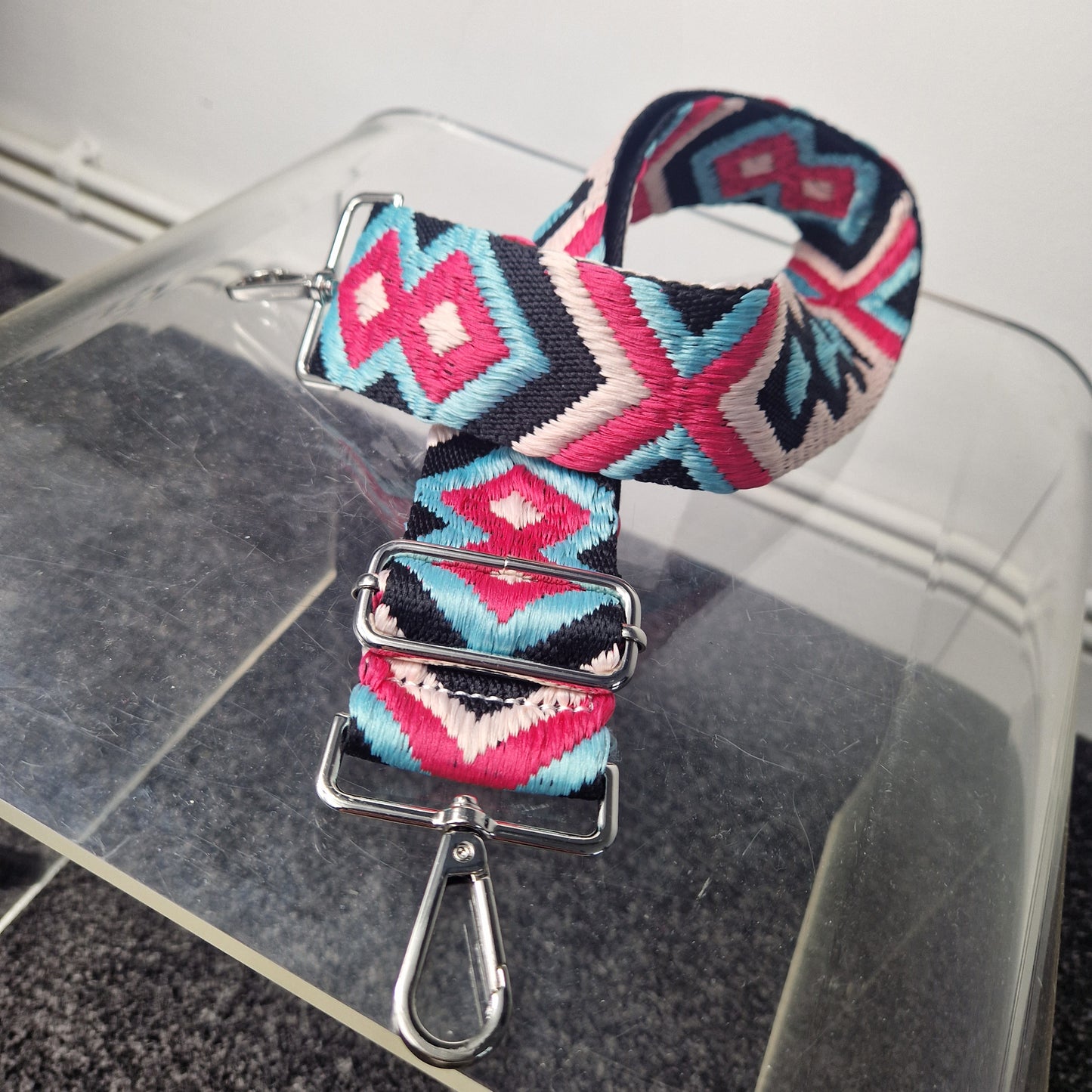 Aztec woven bag strap - hot pink/blue